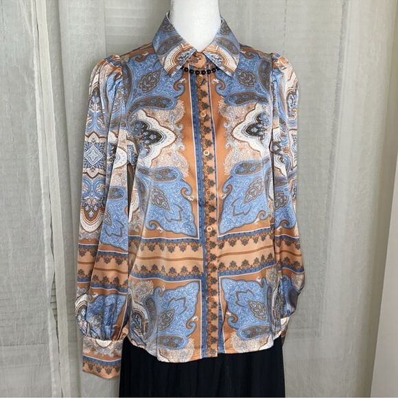 Joie XS Orange Blue Ivory Paisley Hankie Square Style Puff Long Sleeve Blouse - Picture 3 of 13